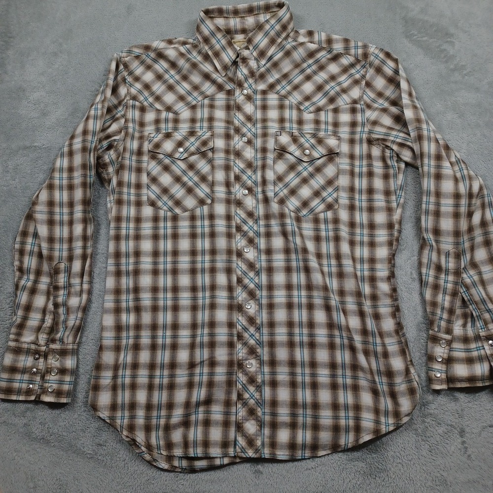 Wrangler Shirt Mens Medium Brown Plaid Pearl‎ Snap Western Pockets Long Sleeve